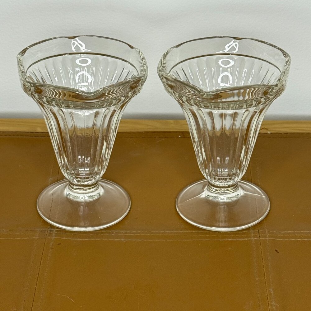 Vintage Ribbed Glass Sundae Cups Set of 2 Clear Ice Cream Dessert Bowls